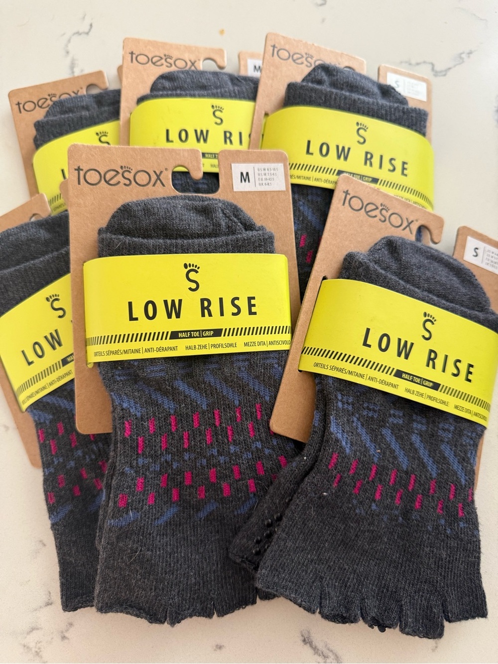 toesox Low Rise Women's Grip Toe Socks in Charcoal with Pink & Blue Accents